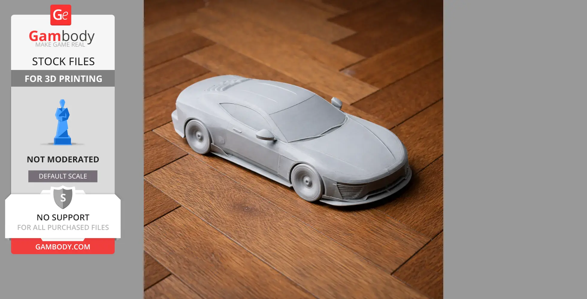 A 3D printed model of an Aston Martin Valour car on a wooden floor.