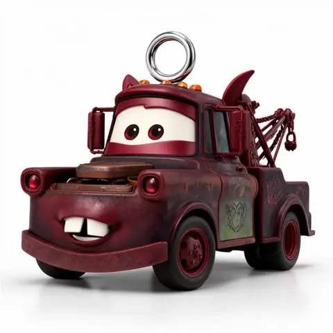 Red tow truck with vampire fangs and bat wings, styled as a ring charm.