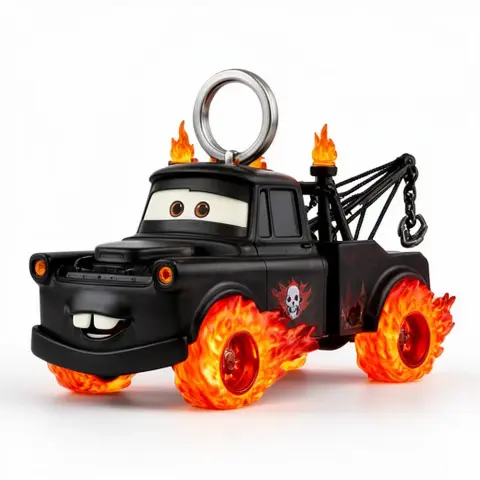 A black tow truck with fiery wheels and a keyring, inspired by Ghost Rider and an animated car character.