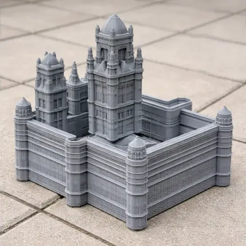 Detailed 3D printed model of a Jacobethan-style building with towers and intricate architecture.