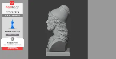 A detailed bust of a bearded man with a helmet, facing left, on a square base.