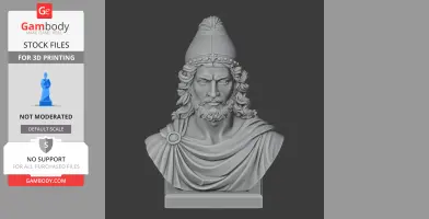3D printed bust of a warrior in a helmet, curly hair and beard, wearing a draped cloak.