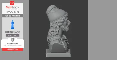 A detailed side view of a 3D-printed bust of Mithridates VI, wearing a helmet and cloak.
