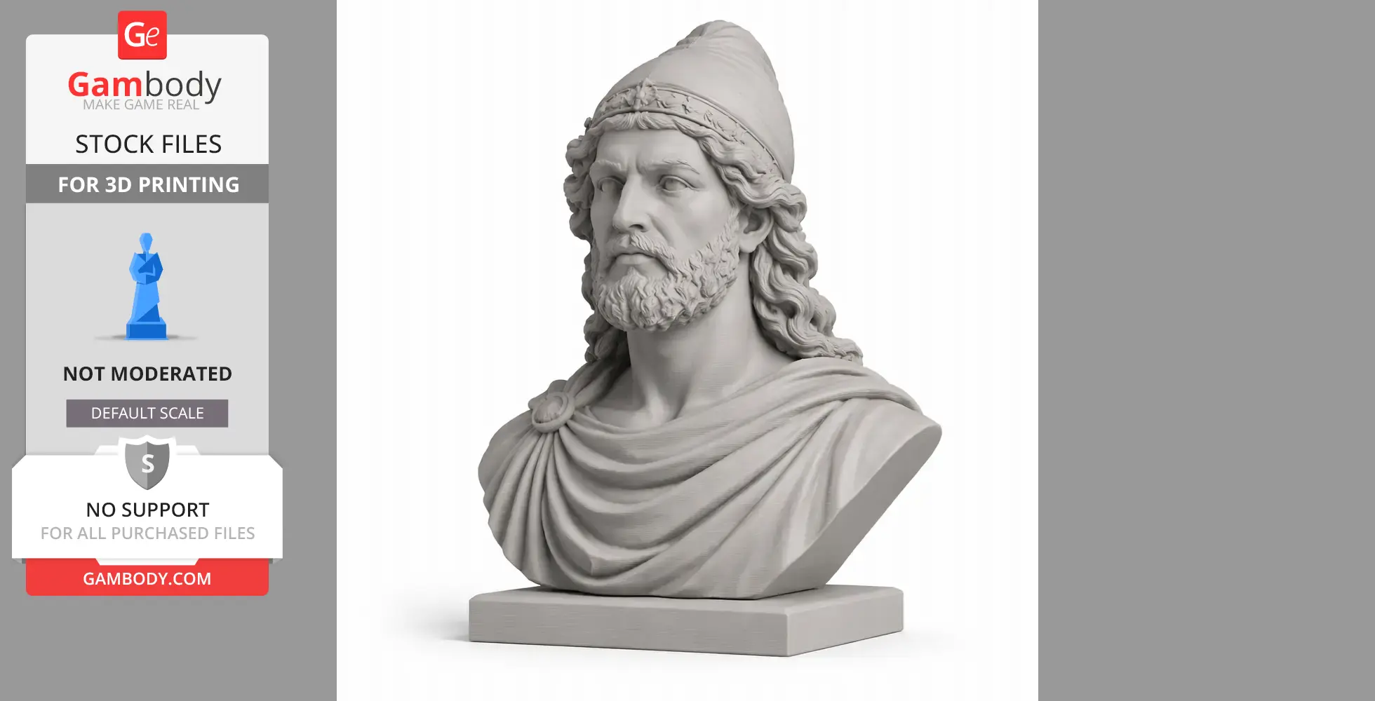 Bust of Mithridates VI, detailed warrior with helmet and flowing hair, for 3D printing.