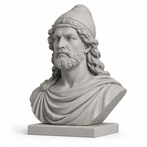 Bust of a bearded warrior with curly hair and a helmet, draped in a cloak, on a square base.
