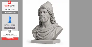 Bust of Mithridates VI, detailed warrior with helmet and flowing hair, for 3D printing.