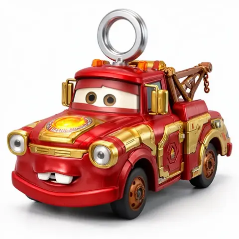 Red tow truck with Iron Man-inspired design, wearing a smile and featuring a silver ring above.