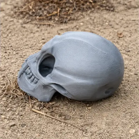3D-printed gibbon skull replica resting on sandy ground.