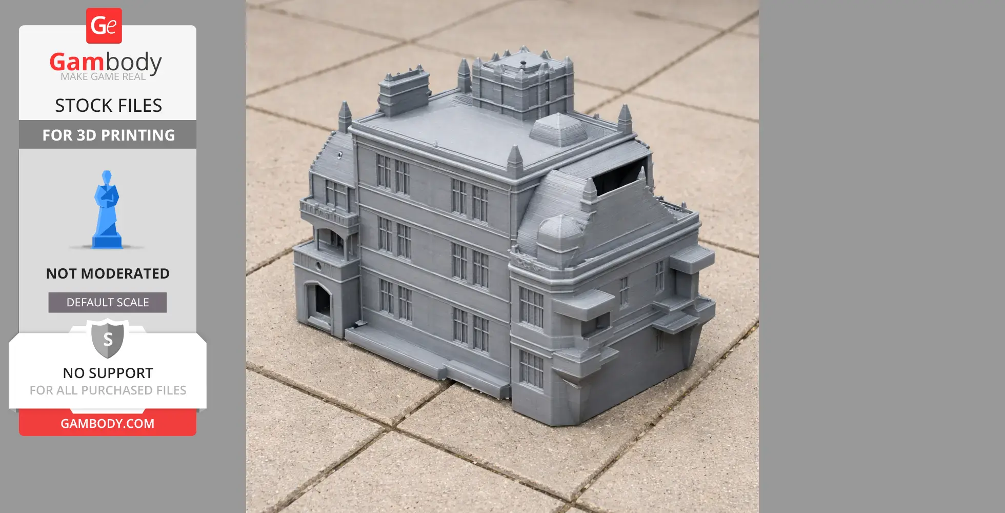 3D-printed model of a detailed, multi-story historical building with towers and intricate architecture.