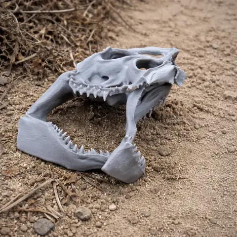 3D-printed great white shark skull model resting on sandy ground.