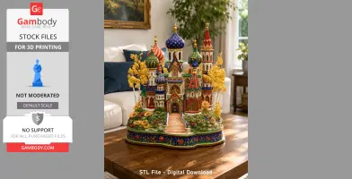 Intricately detailed, colorful fantasy castle model with domes and towers on a decorative base.