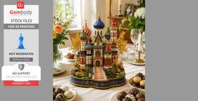 Intricate colorful fantasy castle model with ornate towers, set on a decorated table.