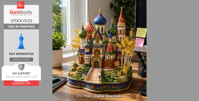 A colorful, intricate fantasy castle model with domed towers, set on a decorative base.