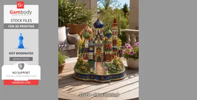 Colorful, detailed fantasy castle model with multiple towers on a wooden table, surrounded by plants.