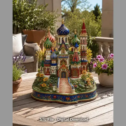 Colorful, detailed fantasy castle model with vibrant towers and lush garden, ready for 3D printing.