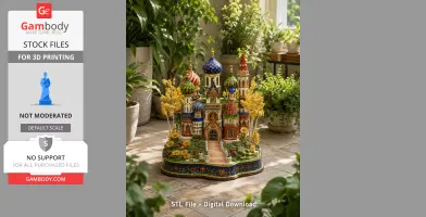 Colorful, intricately detailed fantasy castle model surrounded by small trees and plants.