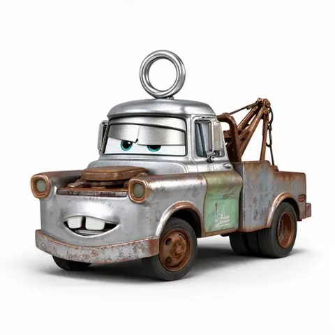 Cartoon tow truck with a metal ring on the roof, resembling a Mandalorian-themed mashup.