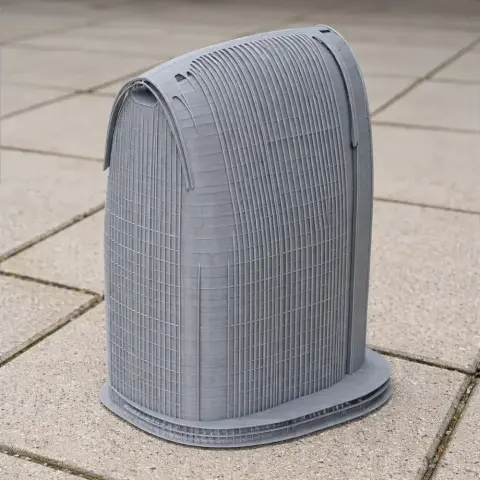3D-printed architectural model resembling a modern, curved skyscraper on a tiled surface.