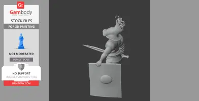 A 3D model of a Murmillo gladiator with a helmet, sword, and shield, viewed from the side.