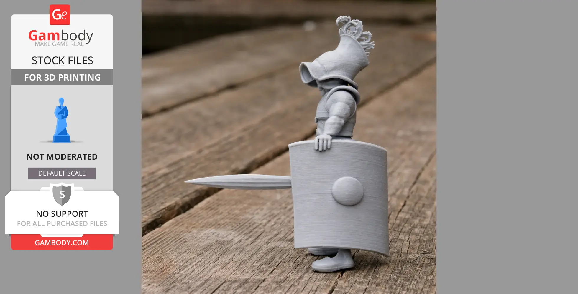 A detailed 3D printed model of a Murmillo gladiator with a helmet, large shield, and sword.
