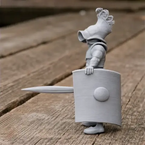 A 3D-printed model of a Murmillo gladiator with a helmet, large shield, and short sword.