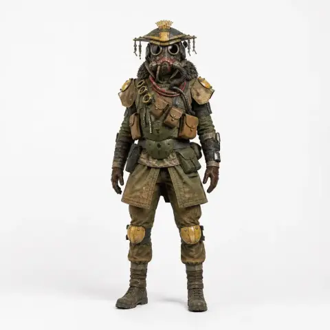 Detailed figurine of a masked warrior in tactical attire, inspired by Apex Legends' Bloodhound.