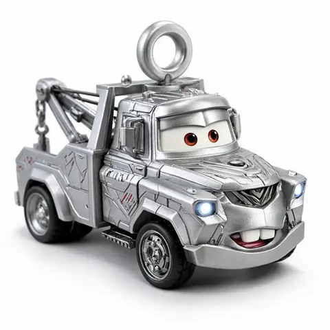 Silver robotic tow truck character with a smiling face and large ring on top.