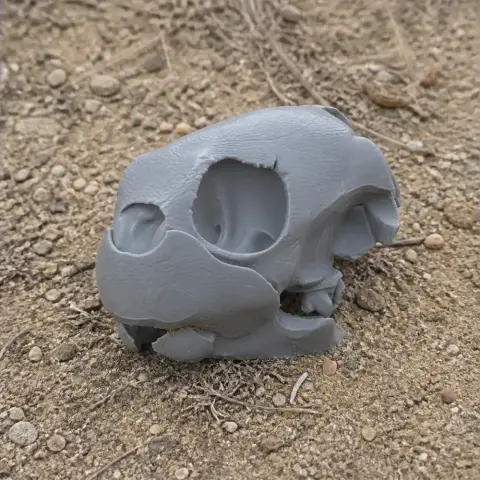 Gray 3D-printed green sea turtle skull replica resting on sandy terrain.