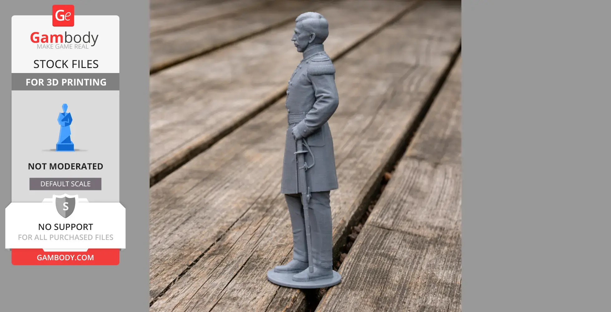 A 3D printed Civil War soldier figurine in full uniform, standing on a wooden surface.