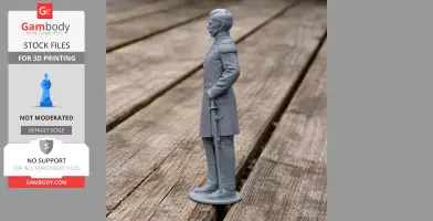 A 3D printed Civil War soldier figurine in full uniform, standing on a wooden surface.