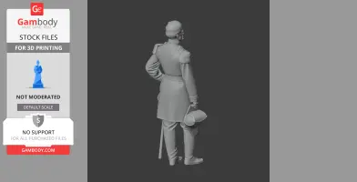 3D model of a Civil War officer holding a hat, wearing a long coat with shoulder epaulettes.