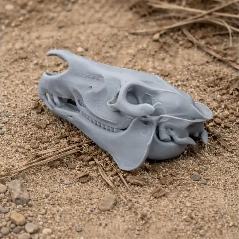 3D printed Grevy's zebra skull replica resting on a sandy surface.