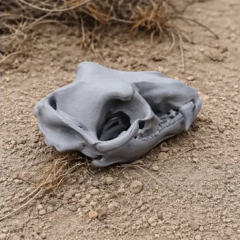 3D printed grey wolf skull replica resting on a sandy surface with sparse dry grass.