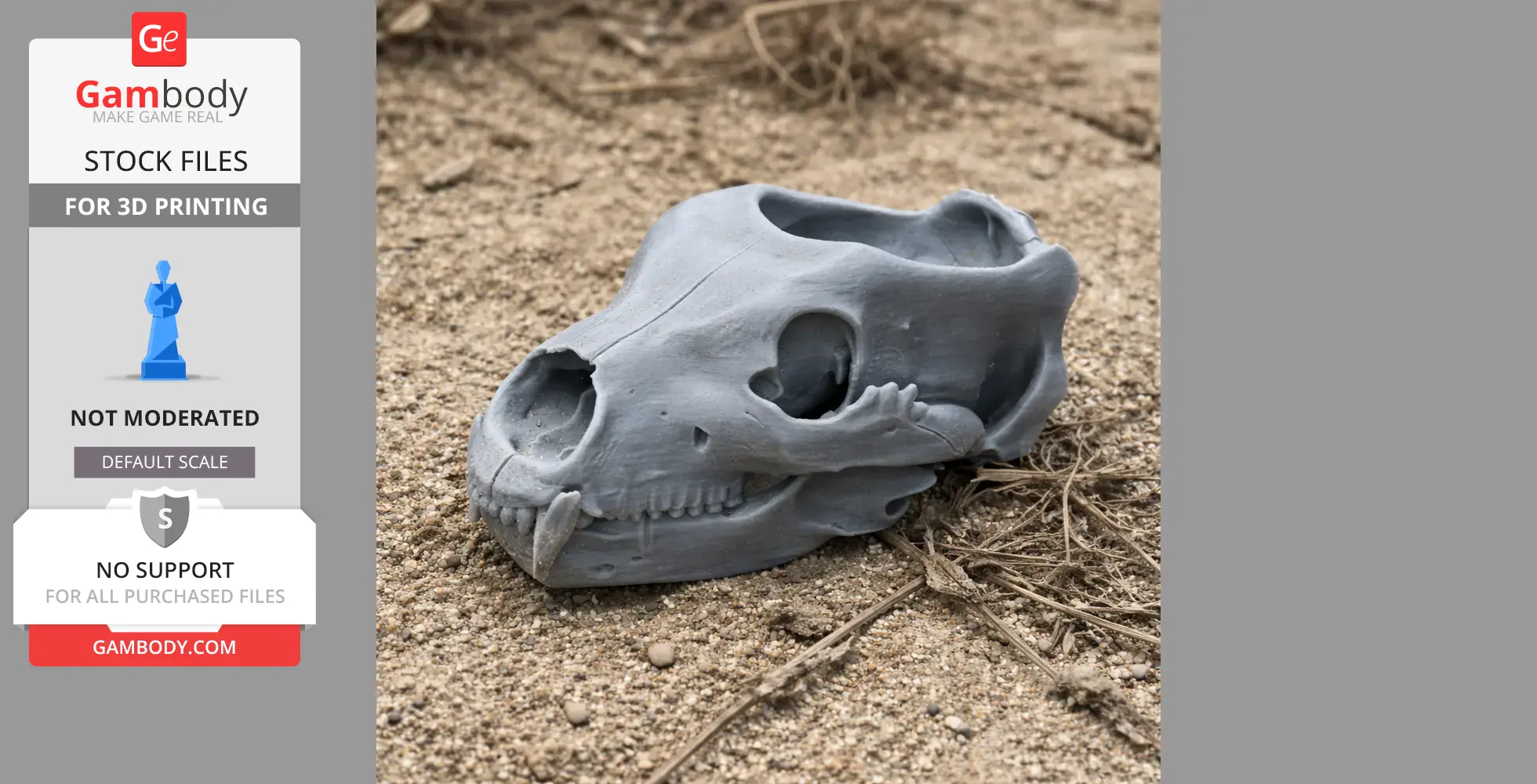 Gray 3D-printed grizzly bear skull replica lying on sandy ground.