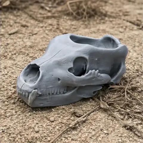 3D printed grizzly bear skull model resting on sandy ground.