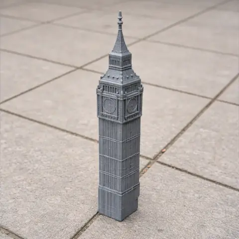 3D printed model of London's iconic clock tower on a tiled surface.