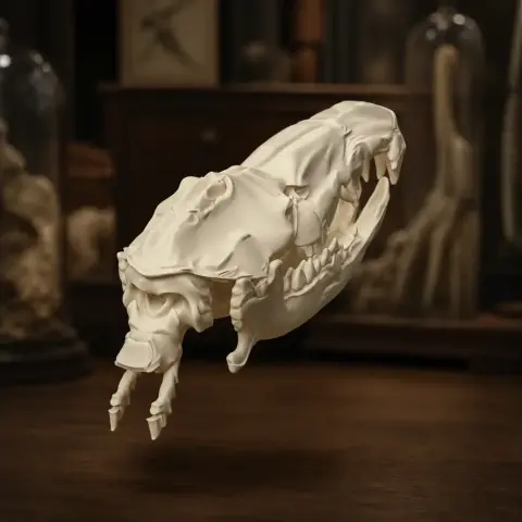 3D model of a gymnure skull, detailed and floating against a blurred background.