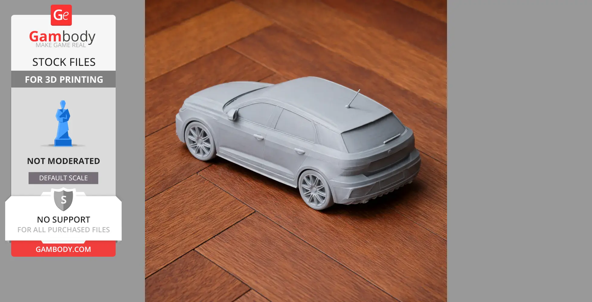 Gray 3D-printed Audi A1 model on wooden surface, viewed from rear-left angle.