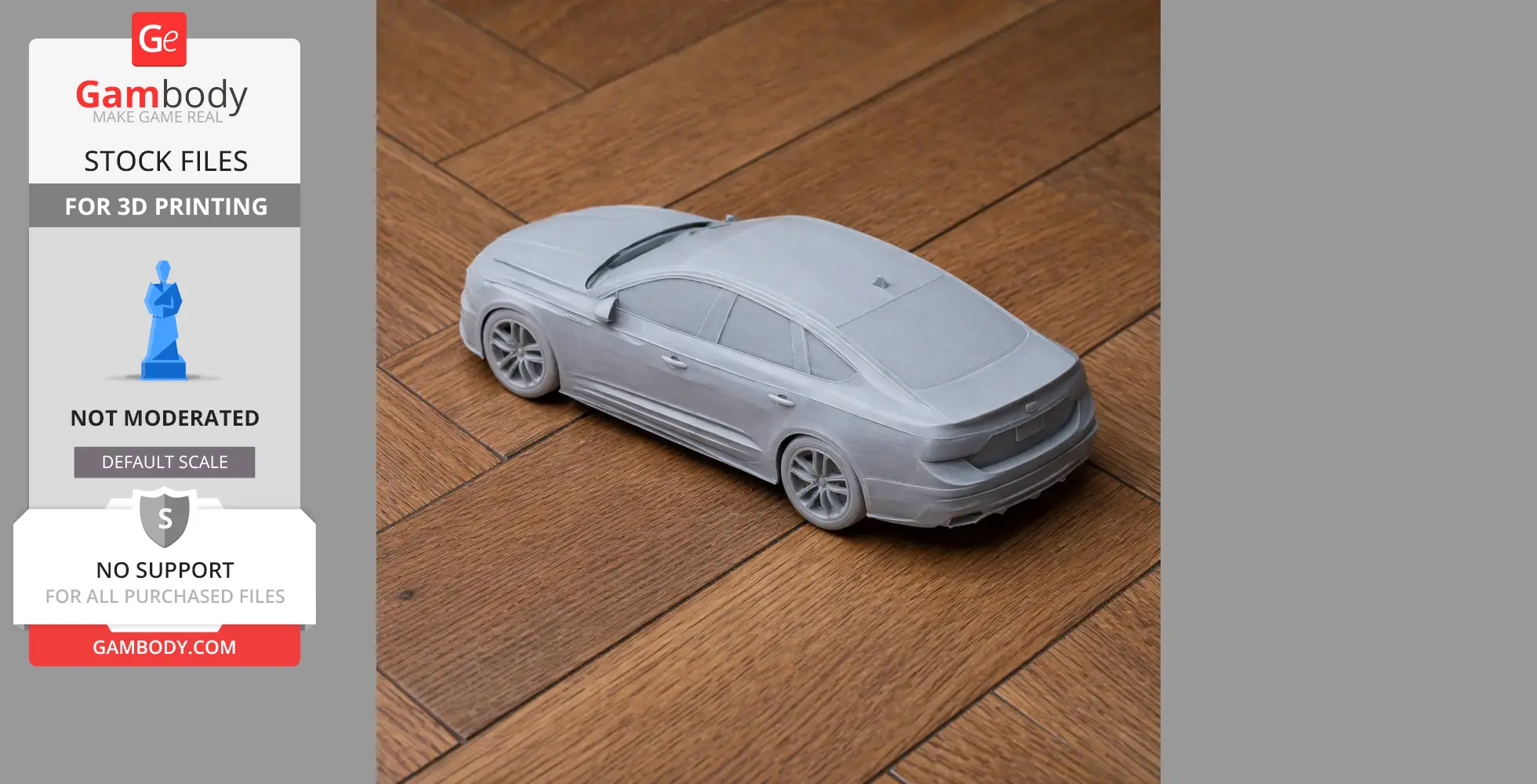 Gray 3D-printed model of an Audi A4, placed on a wooden floor, shown slightly from above.