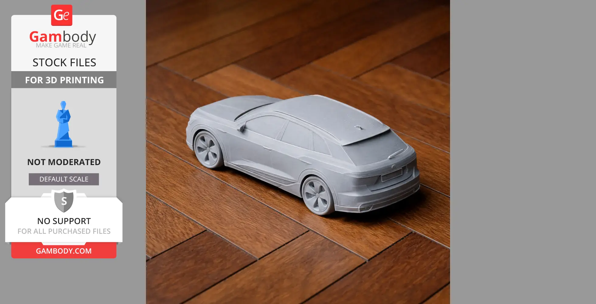 Gray 3D-printed Audi e-tron model on wooden floor, viewed from rear-left side.