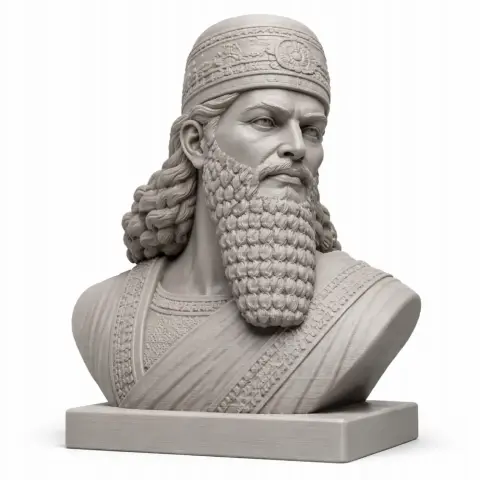 Intricately detailed bust of Nebuchadnezzar II with a beard and ornate clothing on a pedestal base.