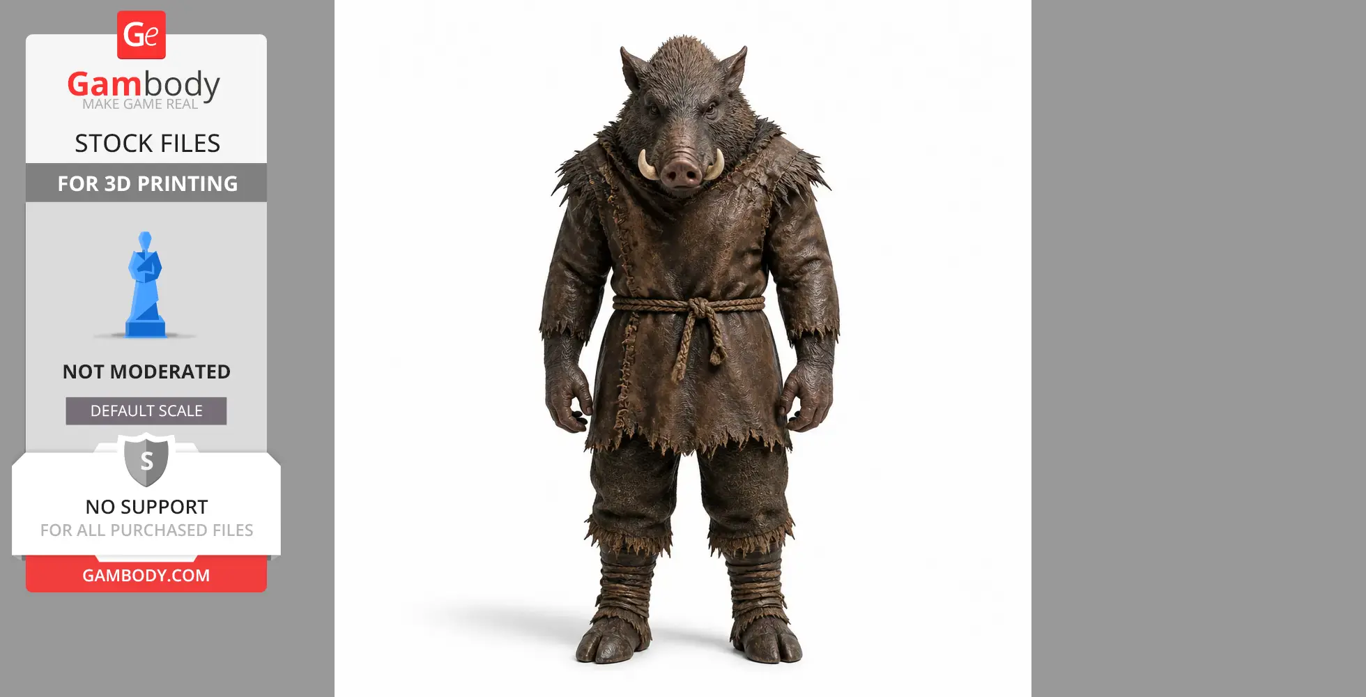 A boar-headed character wearing rugged clothing, standing upright, designed for 3D printing.