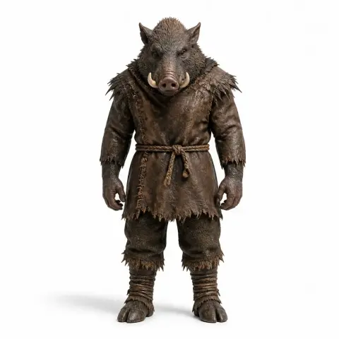 Anthropomorphic boar figurine in a rugged outfit, posed upright, designed for 3D printing.