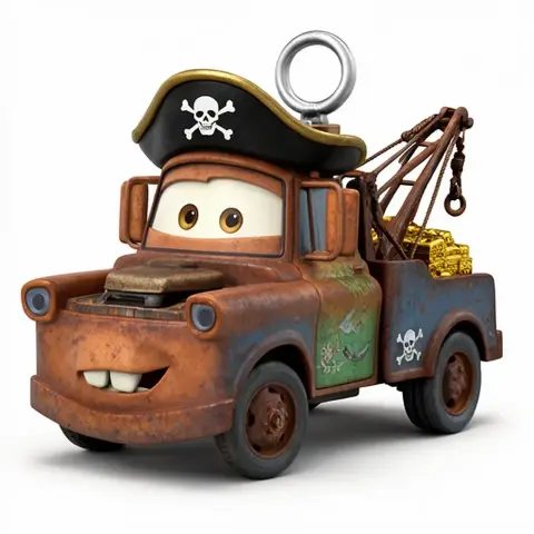 A pirate-themed tow truck with a skull and crossbones hat, holding treasure.