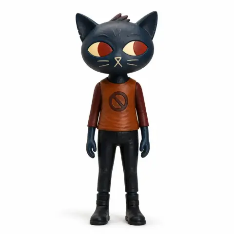 Anthropomorphic cat figure in a shirt with a circle-cross symbol, inspired by 'Night in the Woods.'