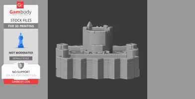 A detailed 3D model of Manchester Castle with round towers and battlements, ready for 3D printing.