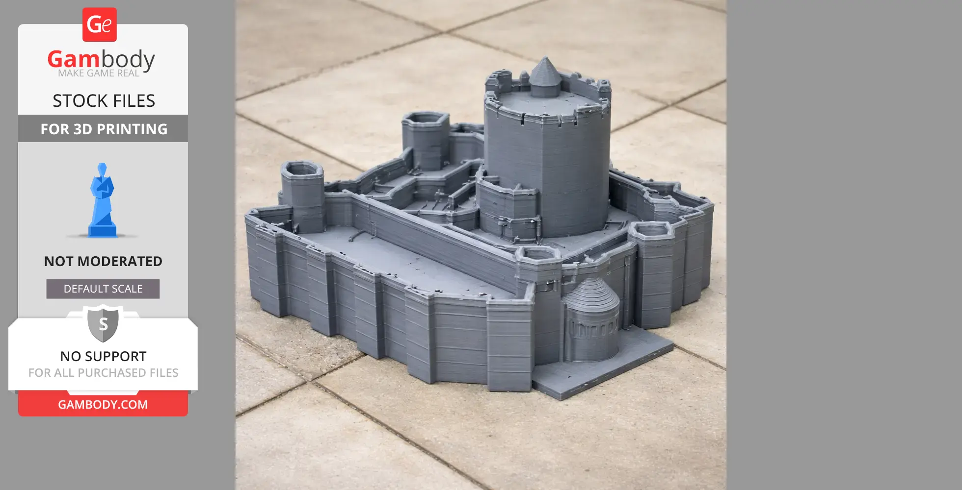 3D printed model of a detailed gray castle with towers and battlements on a tiled surface.