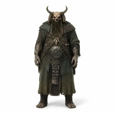 A menacing, armored figure wearing a horned skull helmet and tattered robes, from Valheim.