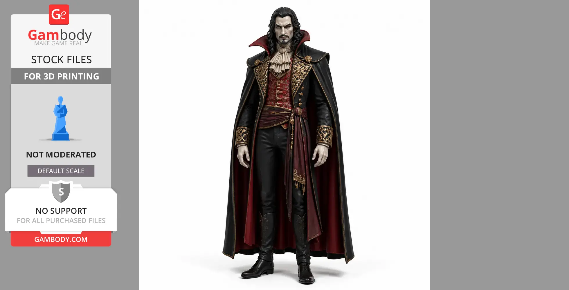 A vampire-themed character in a detailed cloak and regal attire, designed for 3D printing.