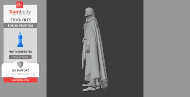 Side view of a detailed figure in a long coat and high collar, designed for 3D printing.